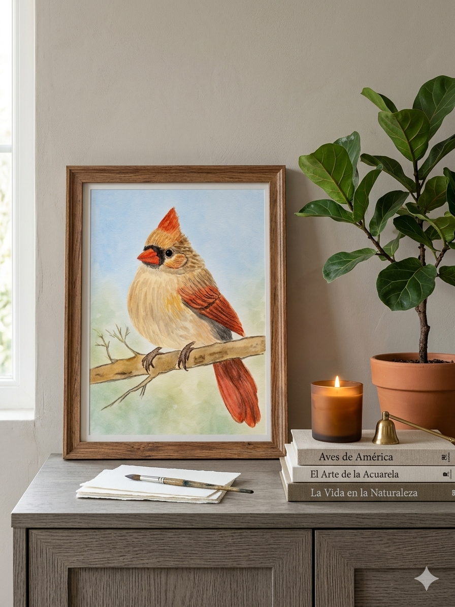 Gentle Cardinal original watercolor painting 9x12 by Paula A. Chavers, vibrant red bird wall art, modern avian illustration for bright home or nursery decor.