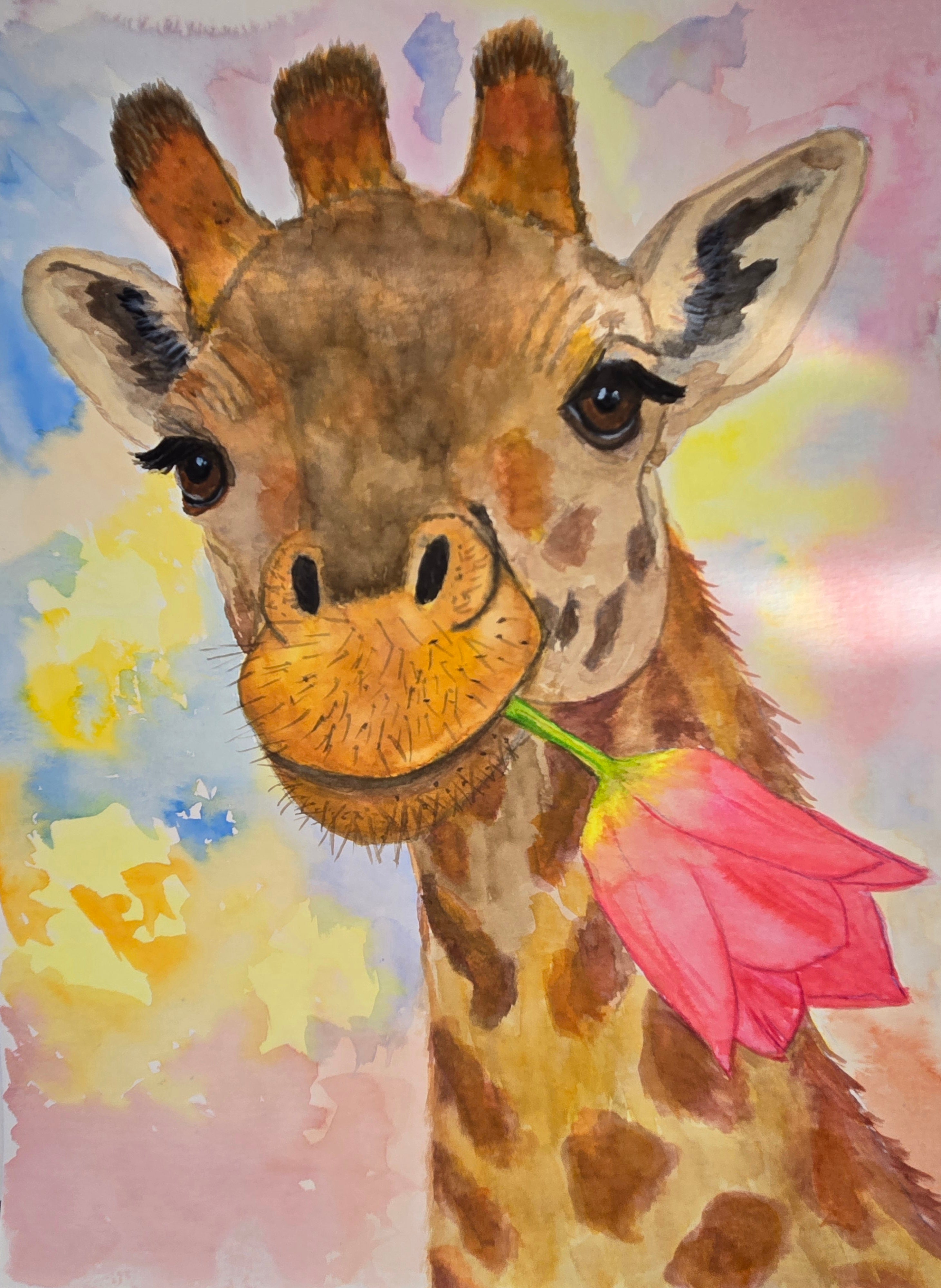 Original giraffe watercolor painting Soft Embrace animal artwork by Paula A. Chavers