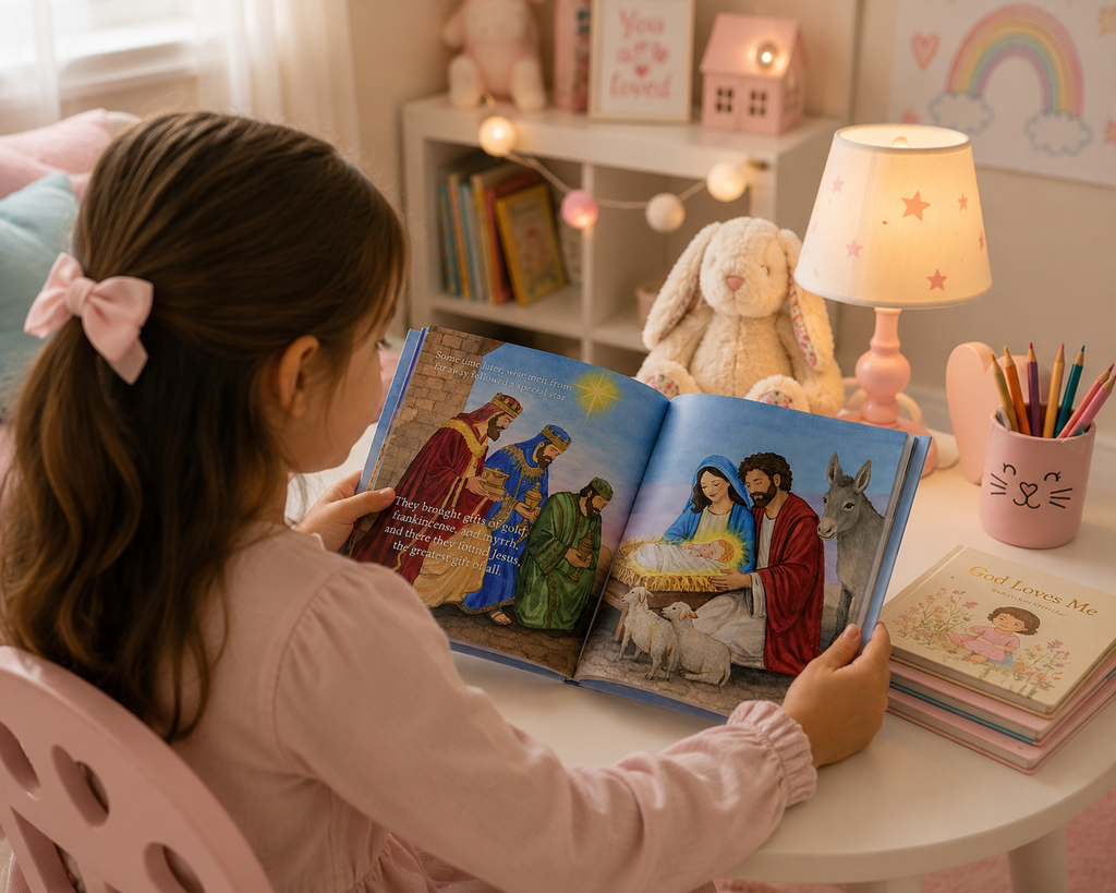Young girl reading “The Birth of Jesus” watercolor children’s Bible story book