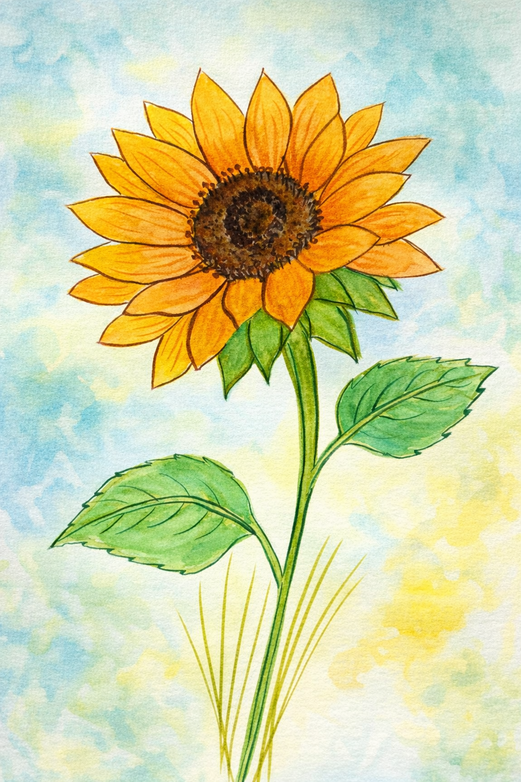 Original watercolor painting of a vibrant golden sunflower with soft green leaves against a dreamy blue and yellow watercolor background by Paula A. Chavers.