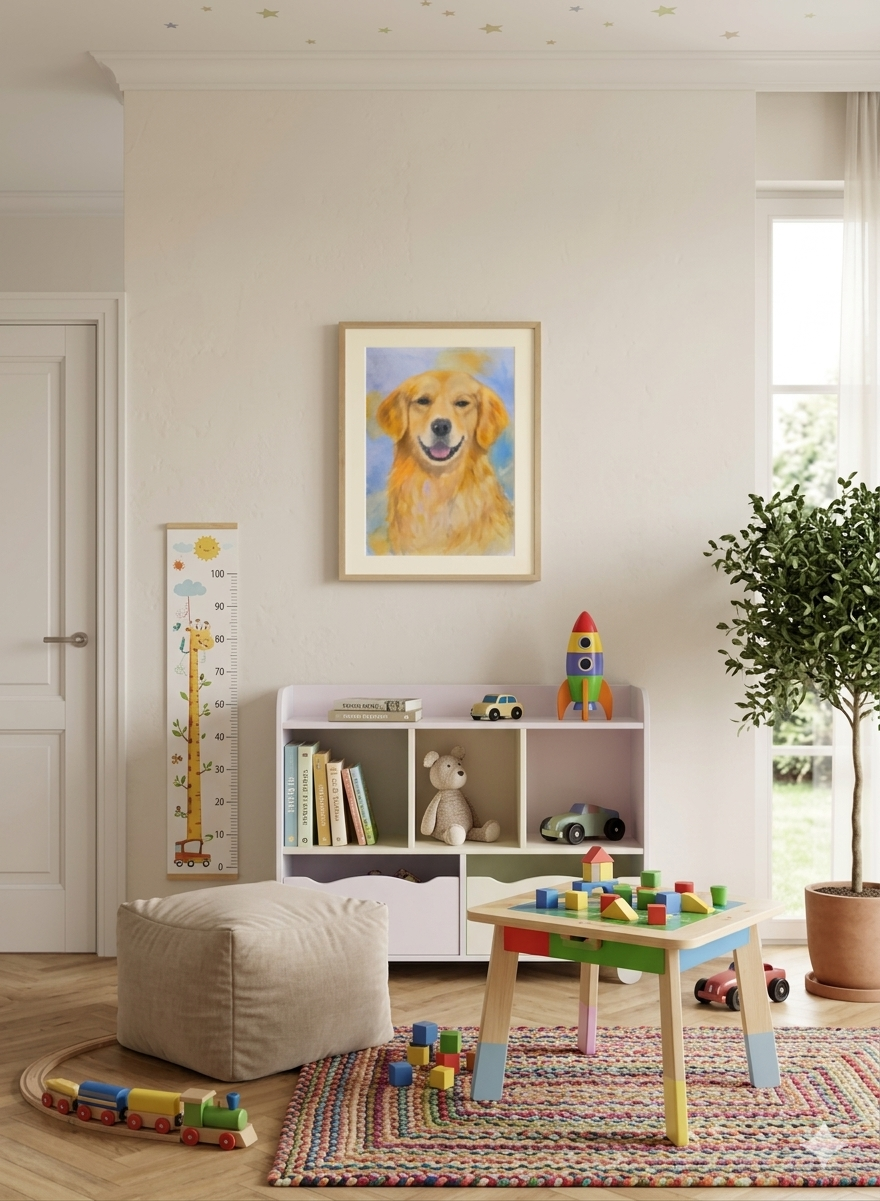 Nursery room mockup featuring the original watercolor painting Golden Retriever Portrait Gentle Joy by Paula A. Chavers displayed in a playful children’s space.