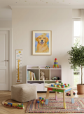 Nursery room mockup featuring the original watercolor painting Golden Retriever Portrait Gentle Joy by Paula A. Chavers displayed in a playful children’s space.