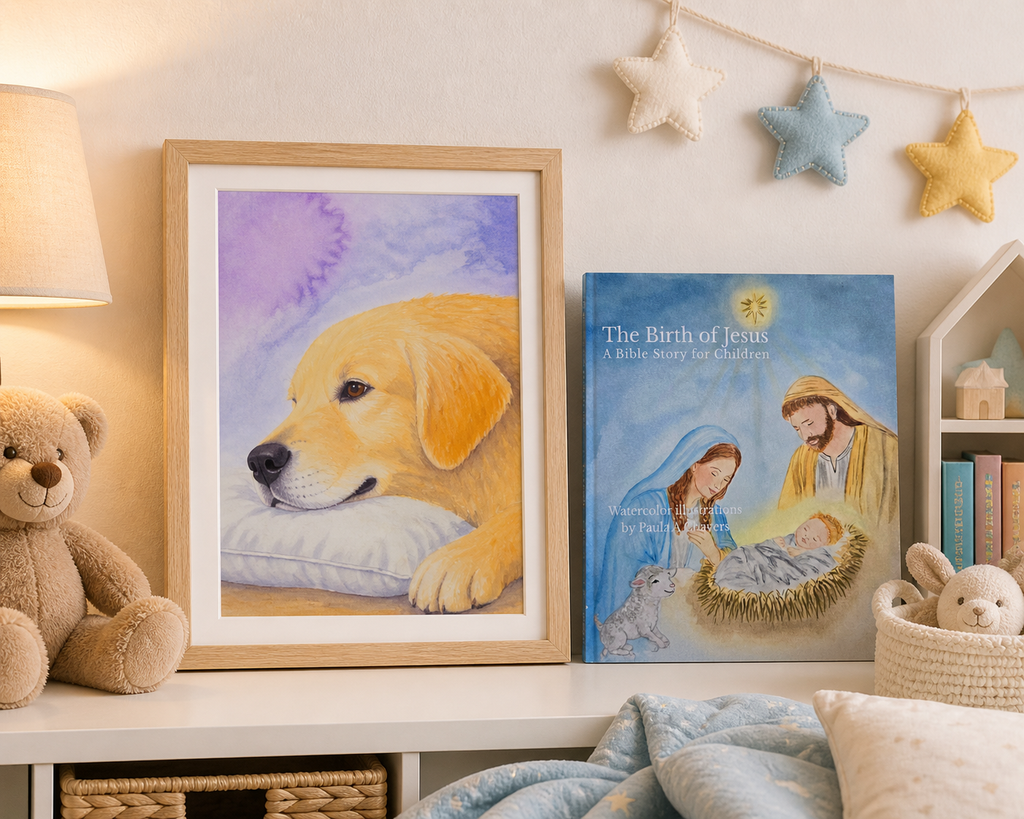 Cozy nursery decor mockup featuring the original watercolor painting Golden Retriever Sweet Rest by Paula A. Chavers displayed beside the children’s book The Birth of Jesus in a warm nursery setting.