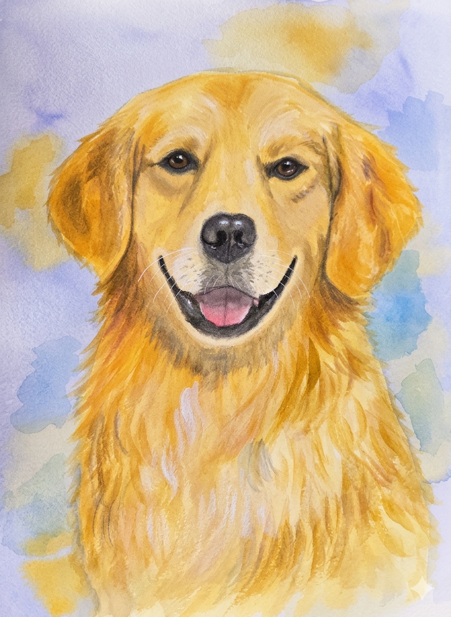 Golden Retriever Portrait Gentle Joy, original watercolor painting 9x12 by Paula A. Chavers, golden dog wall art, modern pet illustration for home decor.
