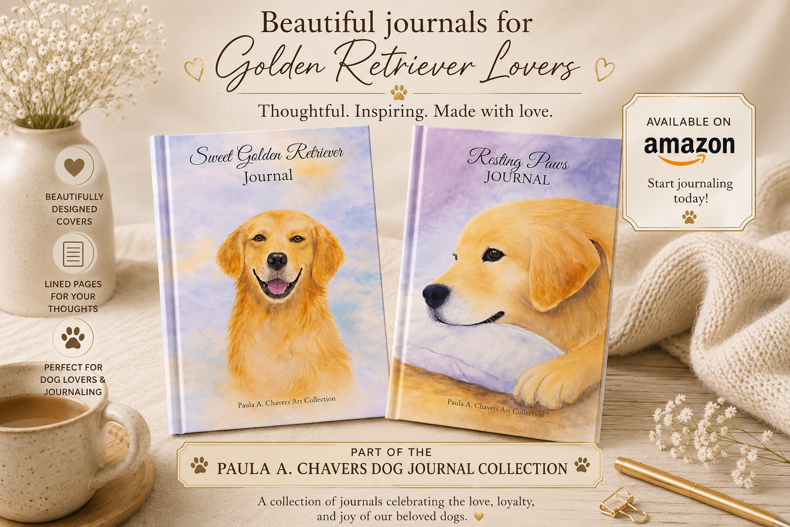 Golden Retriever journal mockup featuring two watercolor dog journals by Paula A. Chavers Art. The journals are available on Amazon and part of the Paula A. Chavers Dog Journal Collection.