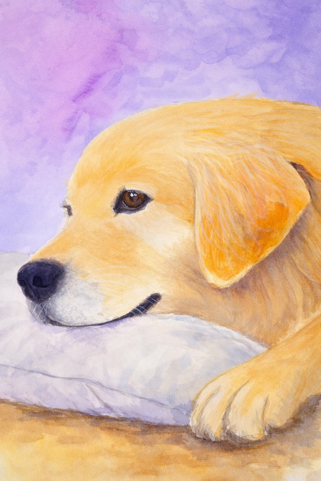 Golden Retriever Sweet Rest, original watercolor painting of a sleeping dog 9x12 by Paula A. Chavers, peaceful pet wall art for nursery or modern home decor.