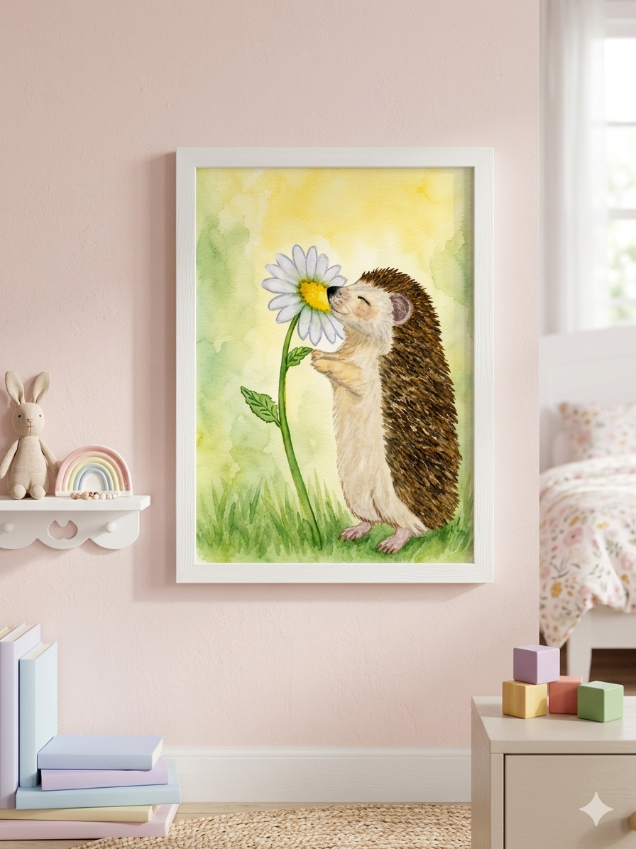 Original watercolor painting of a smiling hedgehog smelling a white daisy in a soft green and yellow meadow background by Paula A. Chavers.