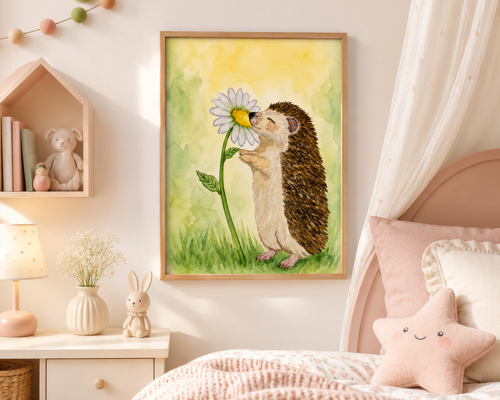 Original watercolor painting of a smiling hedgehog smelling a white daisy in a soft green and yellow meadow background by Paula A. Chavers.