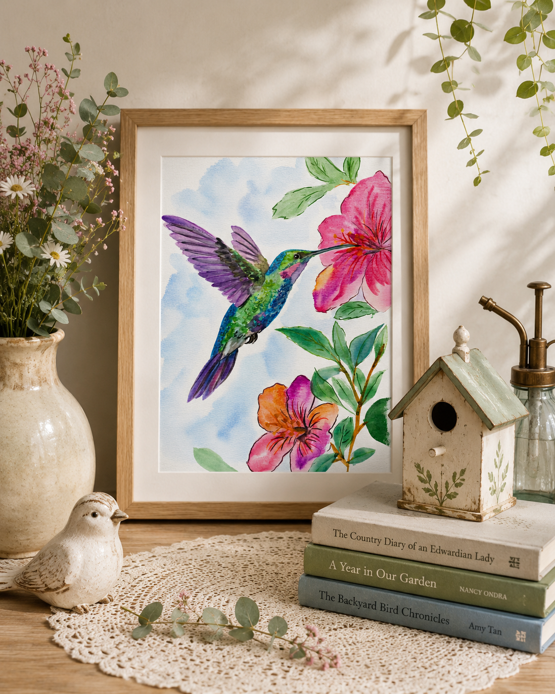 Hummingbird Blossom Dance original watercolor painting 9x12 by Paula A. Chavers, vibrant hummingbird and flowers wall art, modern floral illustration for bright home or nursery decor.