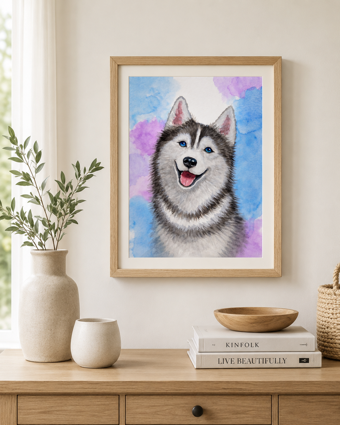 Happy Husky Portrait Bright Spirit, original watercolor painting 9x12 by Paula A. Chavers, husky with blue eyes wall art, modern dog illustration for children's room or bright home decor.