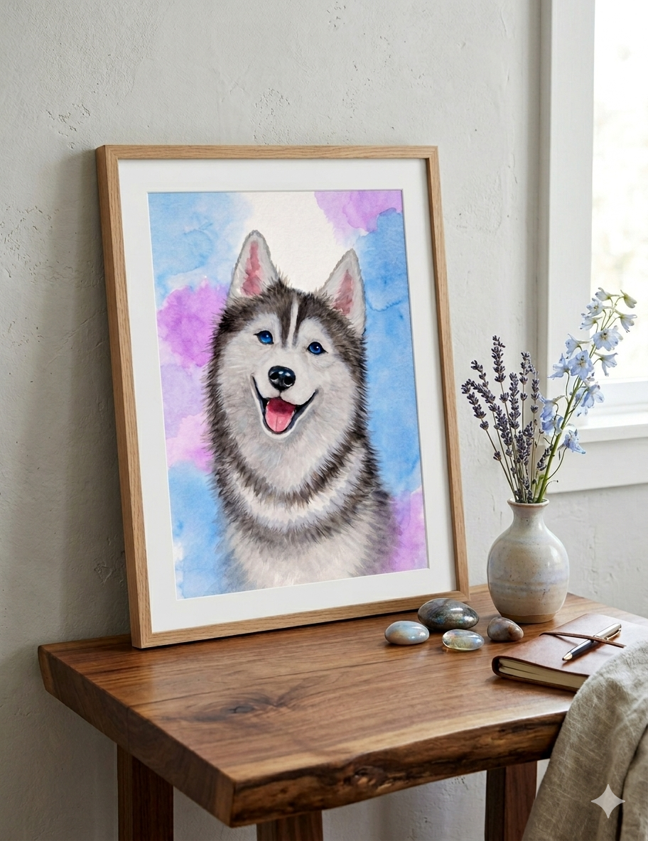 Happy Husky Portrait Bright Spirit, original watercolor painting 9x12 by Paula A. Chavers, husky with blue eyes wall art, modern dog illustration for children's room or bright home decor.