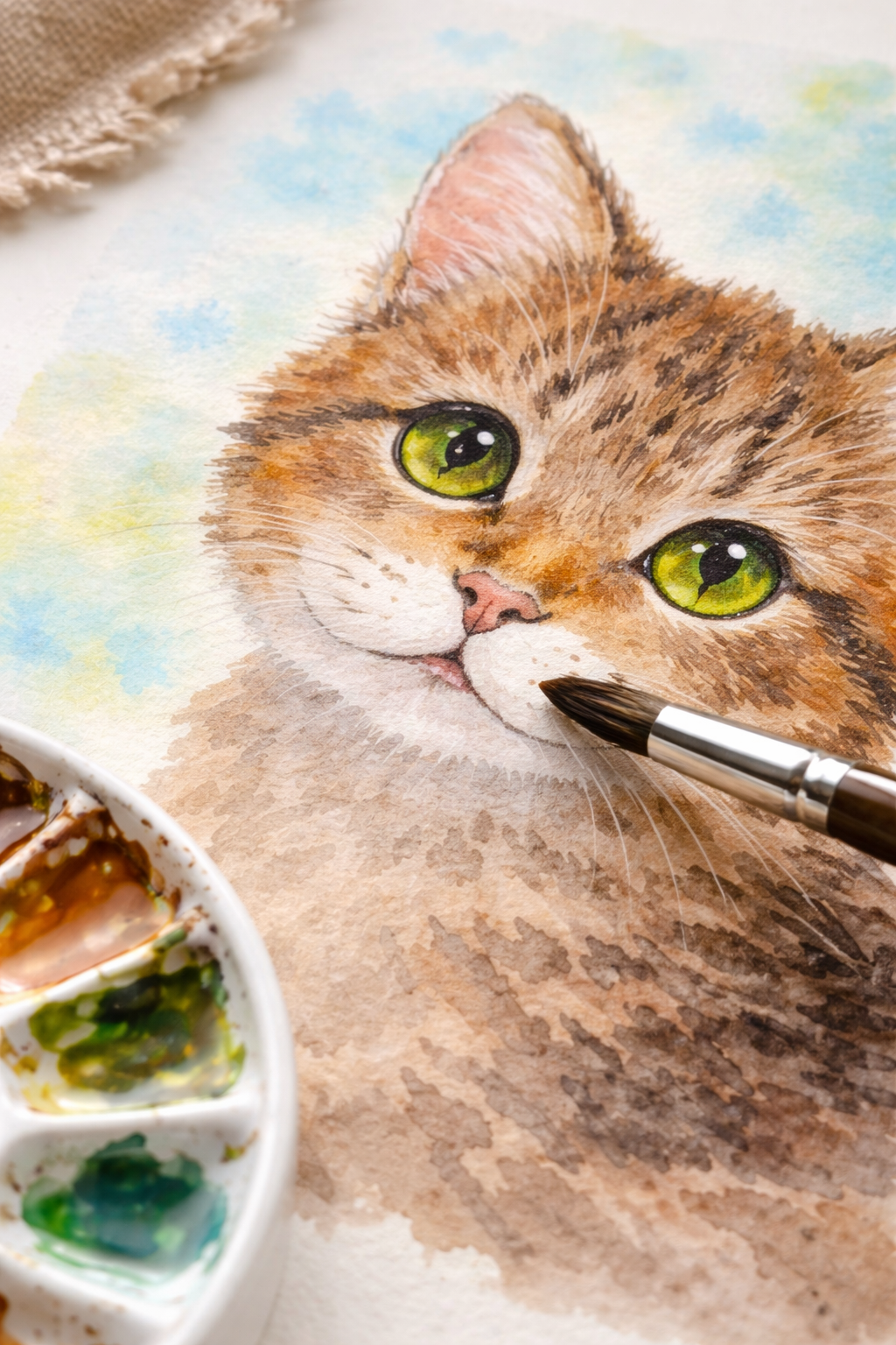 Emerald Eyes original kitten watercolor painting 9x12 by Paula A. Chavers, green-eyed cat wall art, sweet kitten illustration for nursery or bedroom decor.