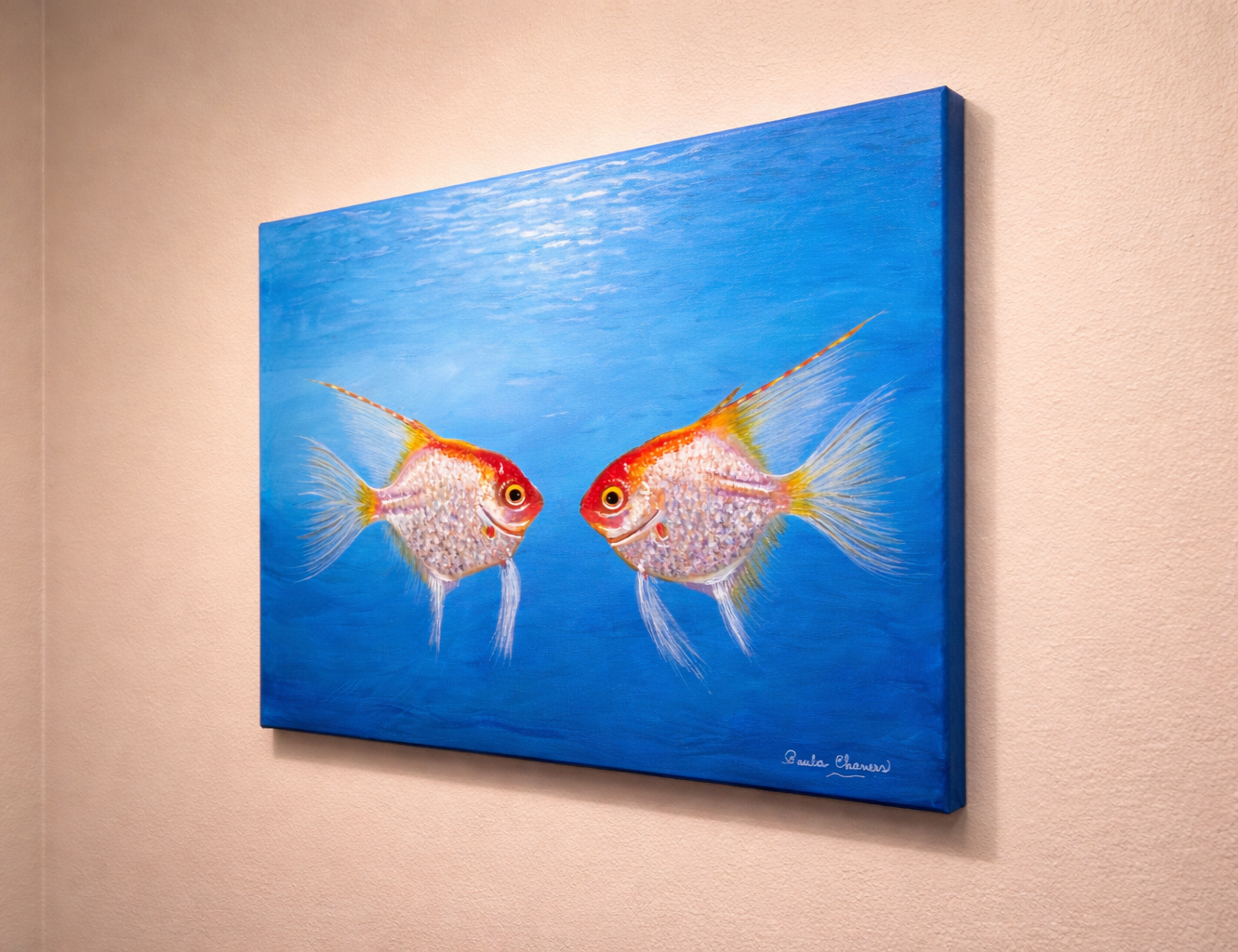 Large 20x20 colorful fish acrylic painting titled 'Us, Fish' by Paula A. Chavers, modern ocean life wall art for coastal home decor.