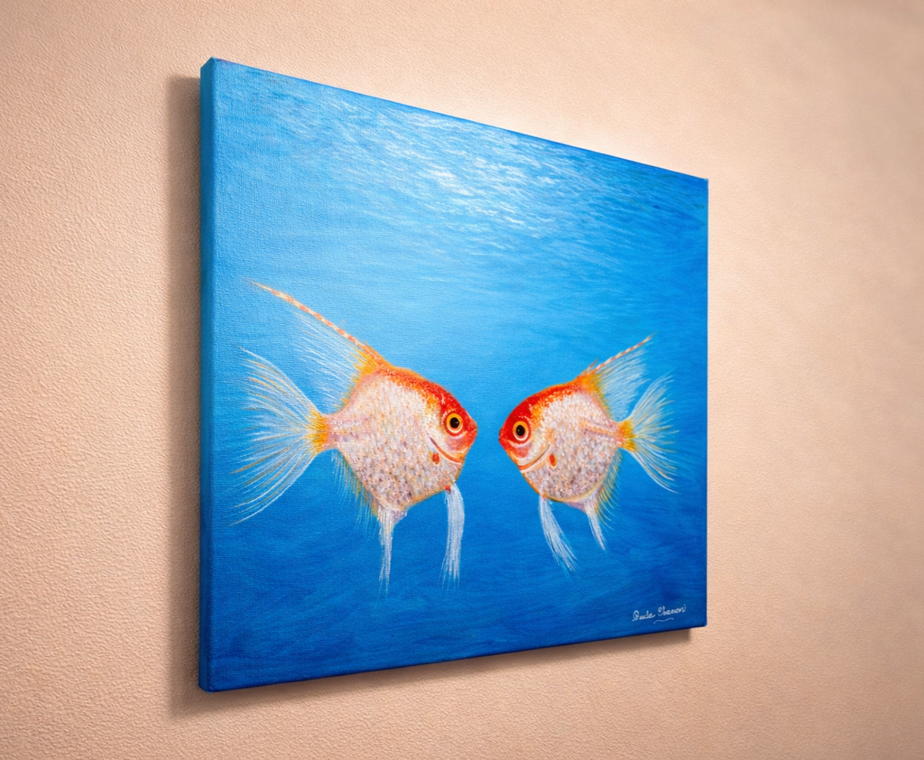 Large 20x20 colorful fish acrylic painting titled 'Us, Fish' by Paula A. Chavers, modern ocean life wall art for coastal home decor.