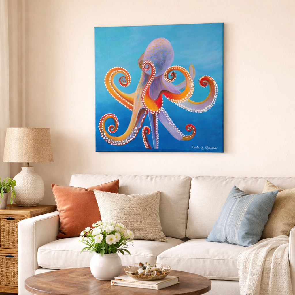 Detailed blue octopus acrylic painting on canvas by Paula A. Chavers, 20x20 nautical wall art for coastal home decor.