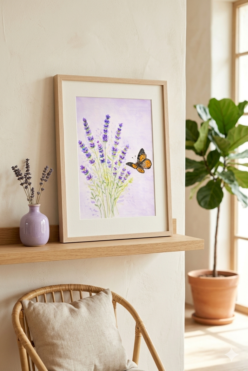 Lavender Butterfly Serenity original watercolor painting 9x12 by Paula A. Chavers, purple lavender flowers and butterfly wall art, modern botanical illustration for bright home decor or girl's nursery.