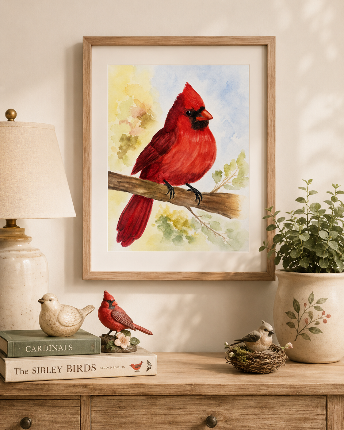 Crimson Cardinal original watercolor painting 9x12 by Paula A. Chavers, bold red bird wall art, modern avian illustration for bright home decor.