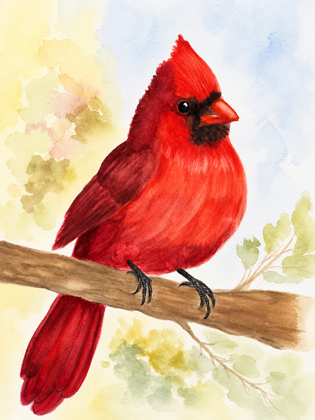 Crimson Cardinal original watercolor painting 9x12 by Paula A. Chavers, bold red bird wall art, modern avian illustration for bright home decor.
