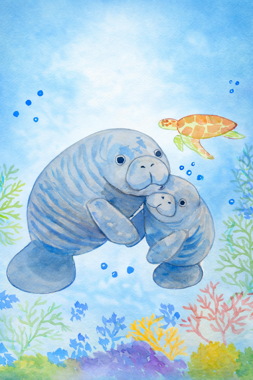 A Mother’s Love Manatee Family original watercolor painting 9x12 by Paula A. Chavers, mother and baby manatee wall art, modern marine illustration for nursery or coastal decor.