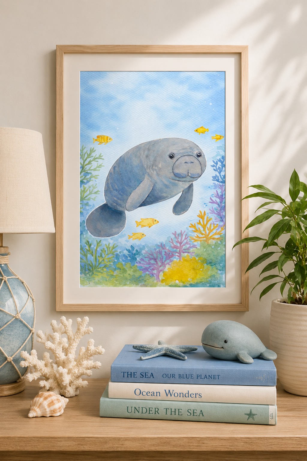 Gentle Manatee Dreams original watercolor painting 9x12 by Paula A. Chavers, peaceful manatee wall art, modern marine life illustration for coastal home or nursery decor.