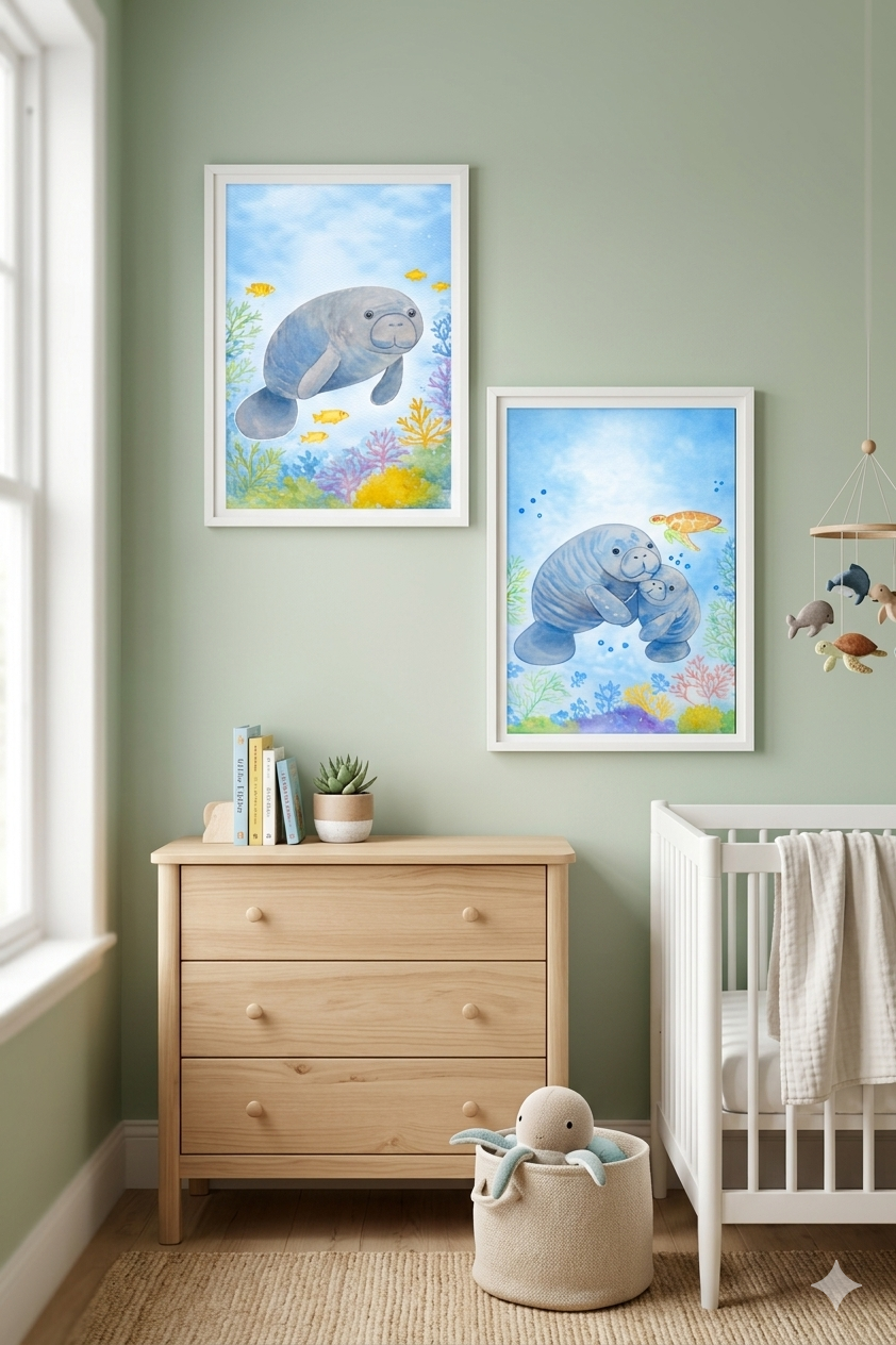 A cozy nursery wall mockup featuring two framed 9x12 inch original watercolor paintings by Paula A. Chavers above a dresser: "Gentle Manatee Dreams" (image_0.png) showing a single manatee, and "A Mother’s Love – Manatee Family" (image_1.png) showing a mother and calf, on a light sage green wall. Includes a spindle crib, woven textures, and a sea-themed mobile, highlighting a modern coastal and woodland friends nursery decor style.