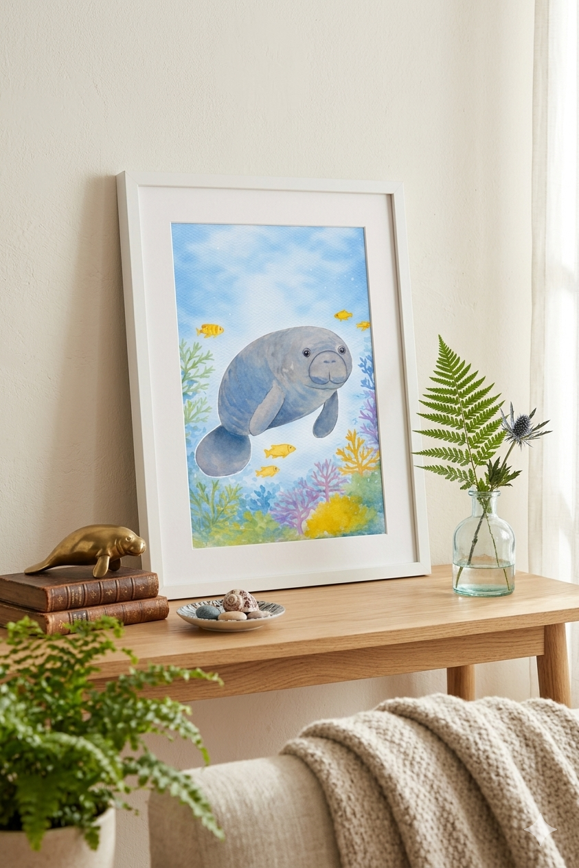 Gentle Manatee Dreams original watercolor painting 9x12 by Paula A. Chavers, peaceful manatee wall art, modern marine life illustration for coastal home or nursery decor.