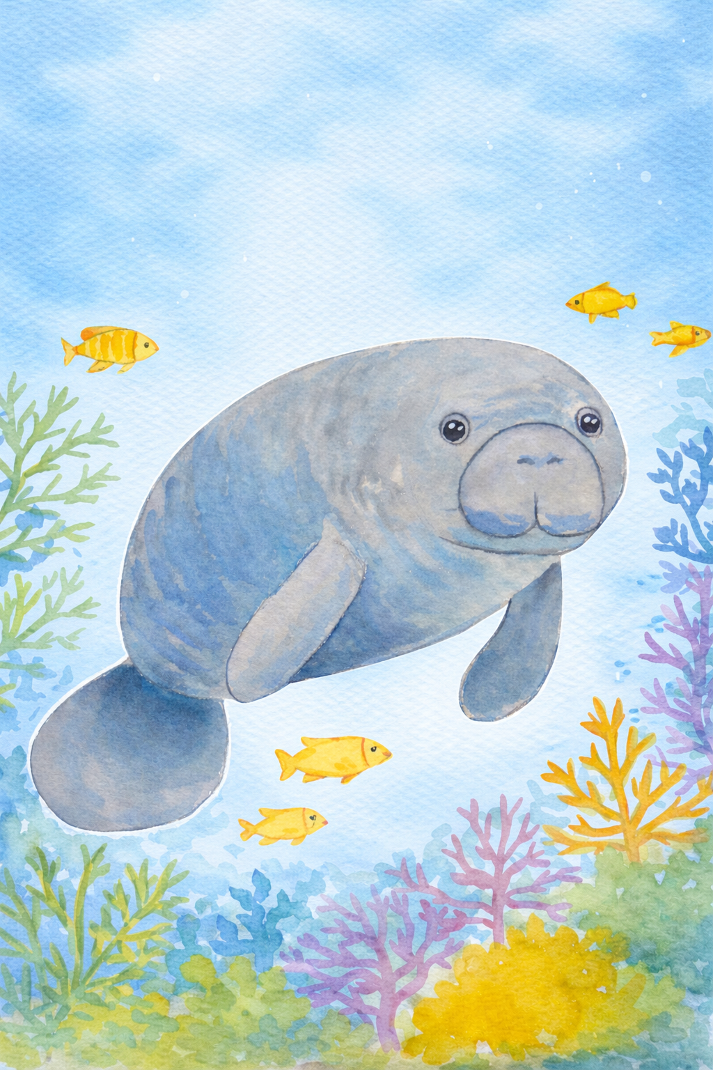 Original watercolor painting of a gentle manatee swimming underwater surrounded by colorful coral reefs and small golden fish, painted by Paula A. Chavers.