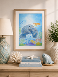 Original watercolor painting of a mother manatee hugging her baby underwater surrounded by coral reefs and a sea turtle, painted by Paula A. Chavers.
