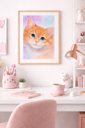 Original watercolor painting of an orange kitten with bright blue eyes by artist Paula A. Chavers, whimsical cat wall art for nursery decor and cat lovers.