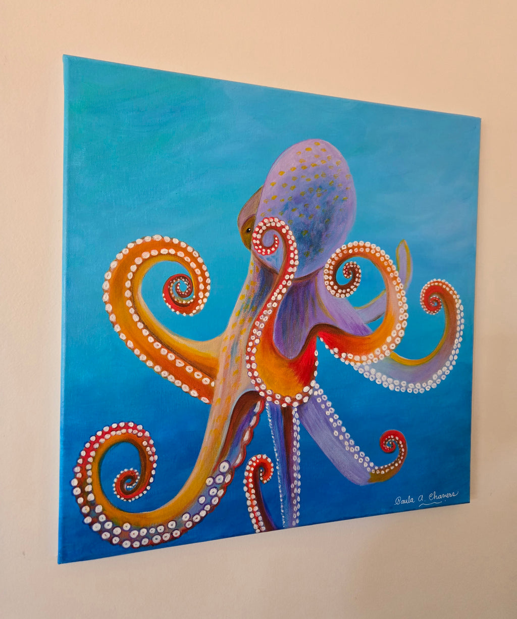 Detailed blue octopus acrylic painting on canvas by Paula A. Chavers, 20x20 nautical wall art for coastal home decor.