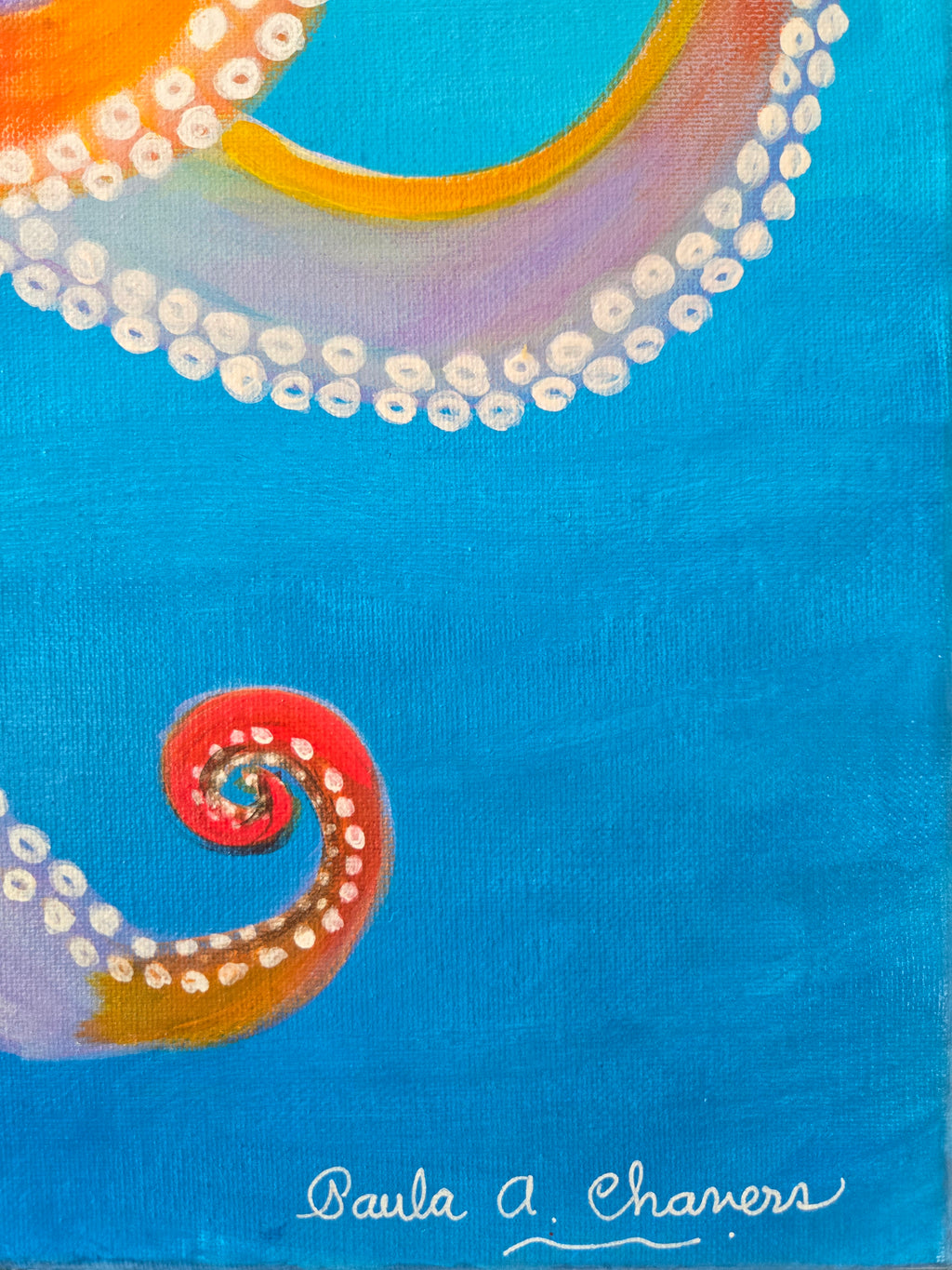 Detailed blue octopus acrylic painting on canvas by Paula A. Chavers, 20x20 nautical wall art for coastal home decor.