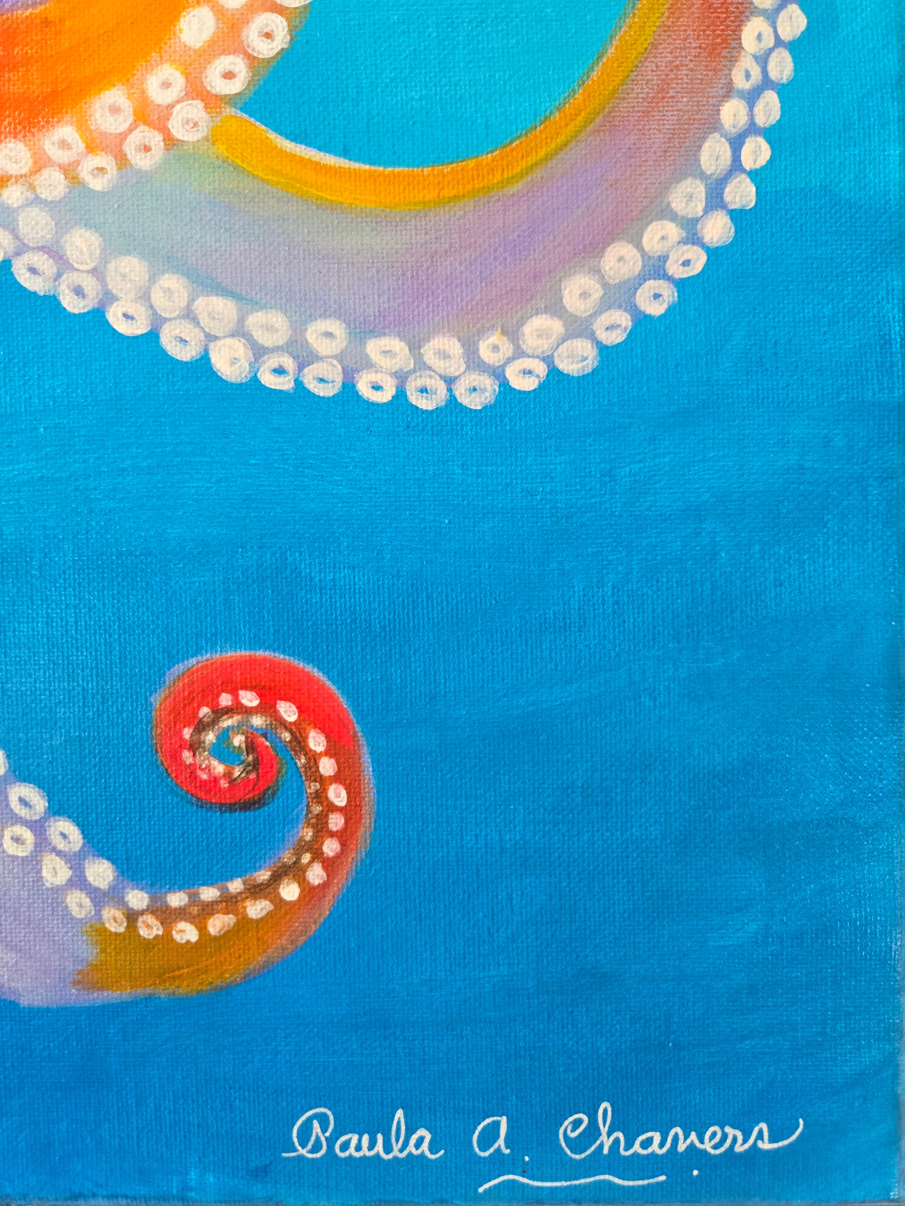 Detailed blue octopus acrylic painting on canvas by Paula A. Chavers, 20x20 nautical wall art for coastal home decor.