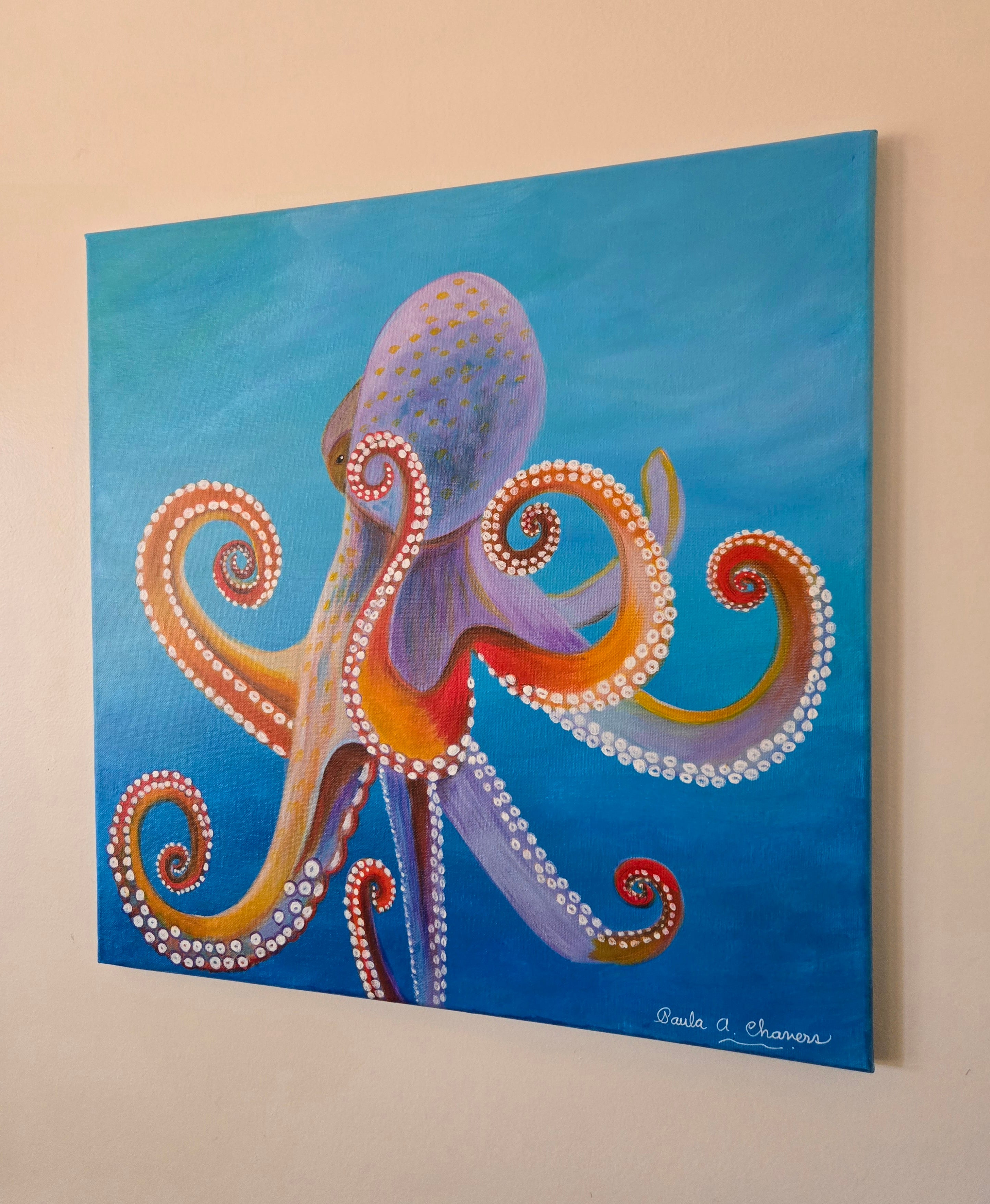 Detailed blue octopus acrylic painting on canvas by Paula A. Chavers, 20x20 nautical wall art for coastal home decor.