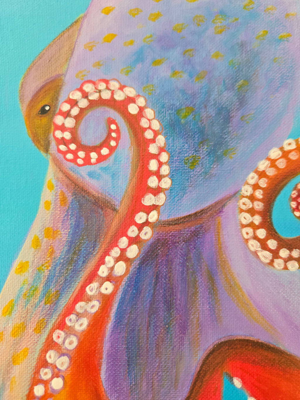 Detailed blue octopus acrylic painting on canvas by Paula A. Chavers, 20x20 nautical wall art for coastal home decor.