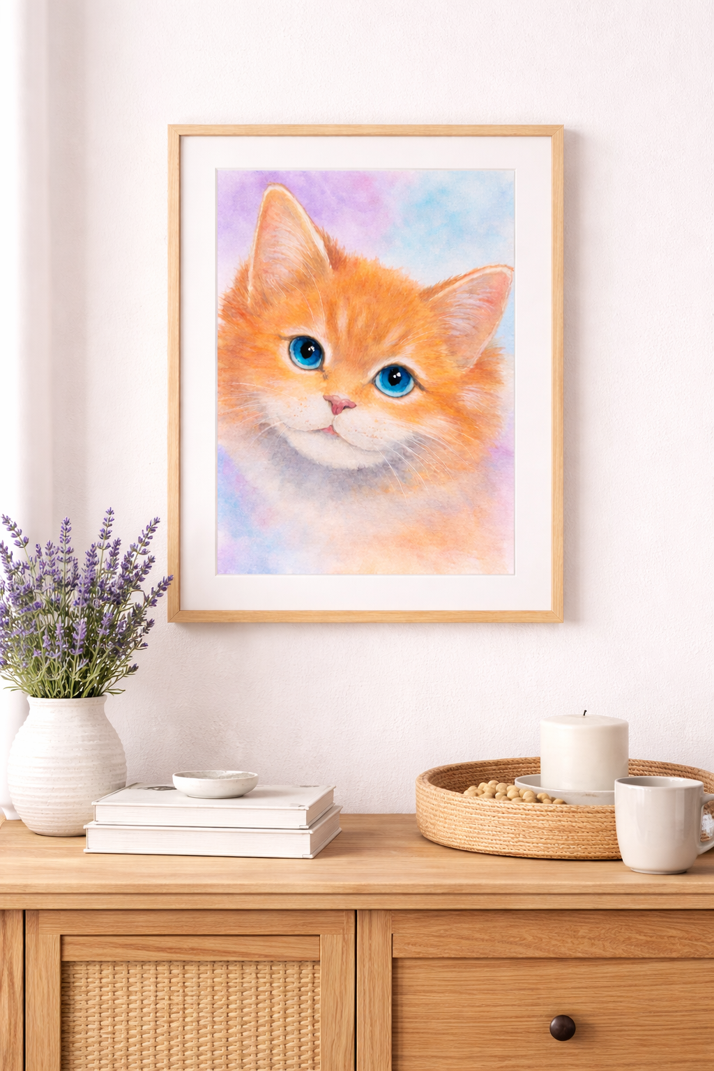 Ocean Eyes Kitten original watercolor painting 9x12 by Paula A. Chavers, blue-eyed white and grey cat wall art, sweet kitten illustration for nursery, child's bedroom, or coastal decor.