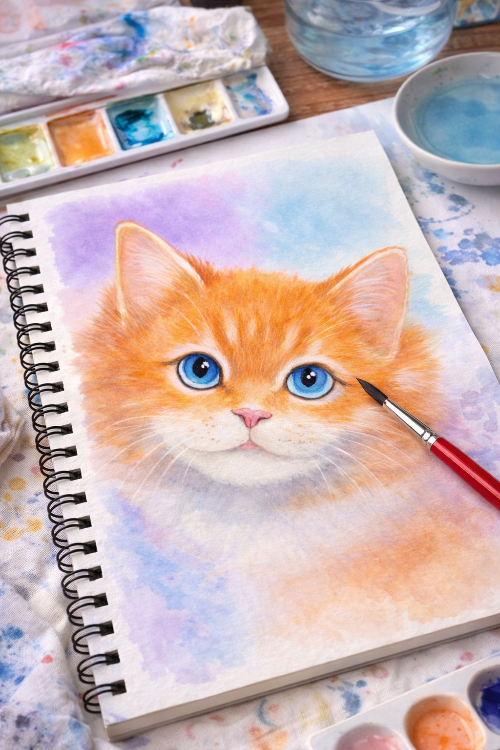 Ocean Eyes Kitten original watercolor painting 9x12 by Paula A. Chavers, blue-eyed white and grey cat wall art, sweet kitten illustration for nursery, child's bedroom, or coastal decor.