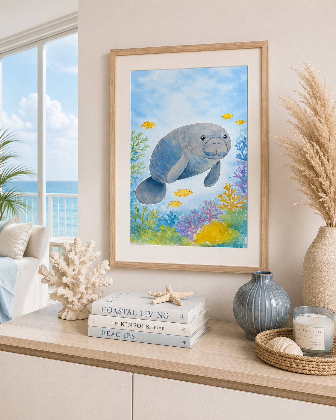 Original watercolor painting of a gentle manatee swimming underwater surrounded by colorful coral reefs and small golden fish, painted by Paula A. Chavers.