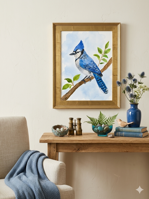 Original watercolor painting of a blue jay perched on a tree branch with soft blue watercolor background and green leaves, painted by Paula A. Chavers.