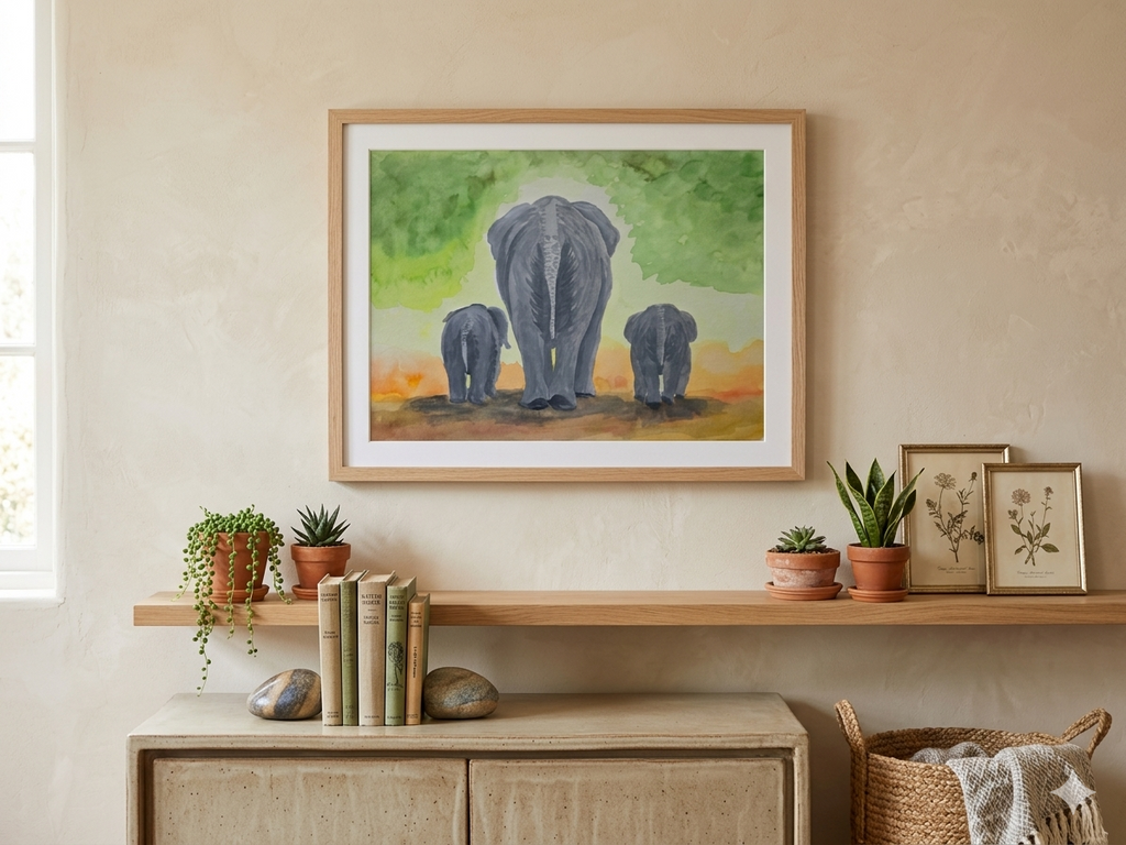 Gentle Journey Elephant Family original watercolor painting 9x12 by Paula A. Chavers, mother and baby elephant wall art, modern animal illustration for nursery or bright home decor.