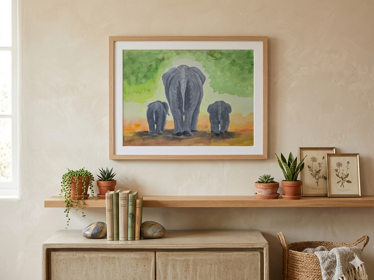 Gentle Journey Elephant Family original watercolor painting 9x12 by Paula A. Chavers, mother and baby elephant wall art, modern animal illustration for nursery or bright home decor.
