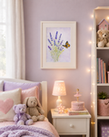 Original watercolor painting of lavender flowers with an orange butterfly on a soft lavender background by Paula A. Chavers.