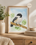 Original watercolor painting of a chickadee bird perched on a tree branch with soft blue sky and delicate green foliage in the background, painted by Paula A. Chavers.