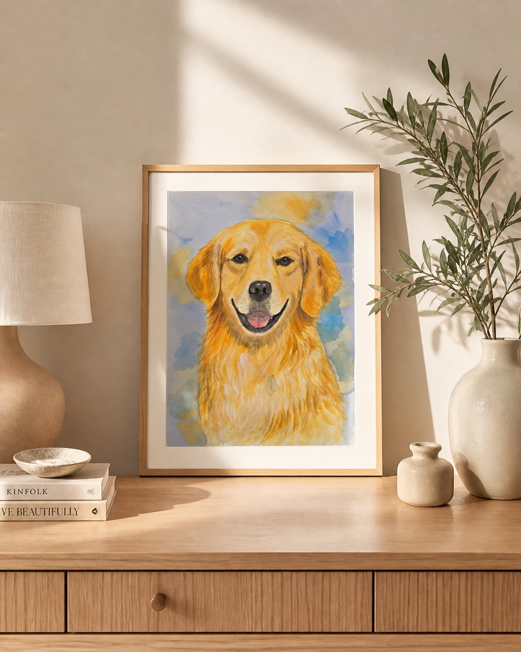 Golden Retriever Portrait Gentle Joy, original watercolor painting 9x12 by Paula A. Chavers, sweet dog wall art for nursery, children's room, or modern home decor.