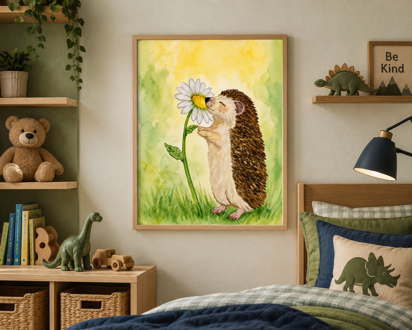 Original watercolor painting of a smiling hedgehog smelling a white daisy in a soft green and yellow meadow background by Paula A. Chavers.