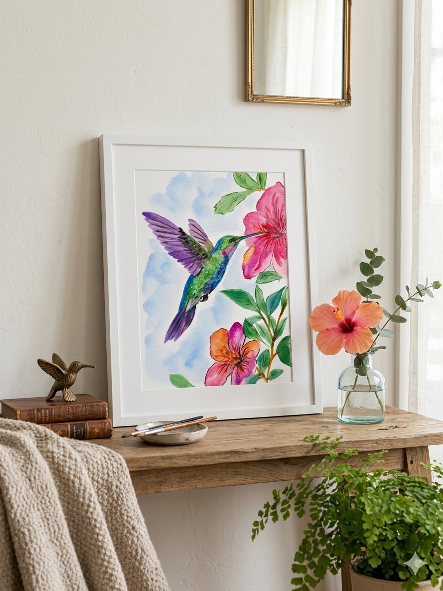 Original watercolor painting of a colorful hummingbird feeding from vibrant pink flowers with soft blue watercolor background, painted by Paula A. Chavers.