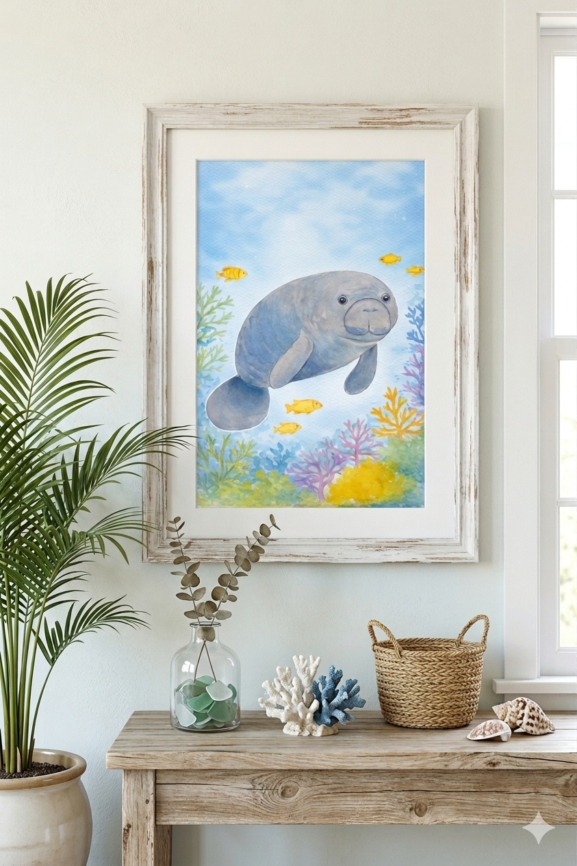 Gentle Manatee Dreams original watercolor painting 9x12 by Paula A. Chavers, peaceful manatee wall art, modern marine life illustration for coastal home or nursery decor.