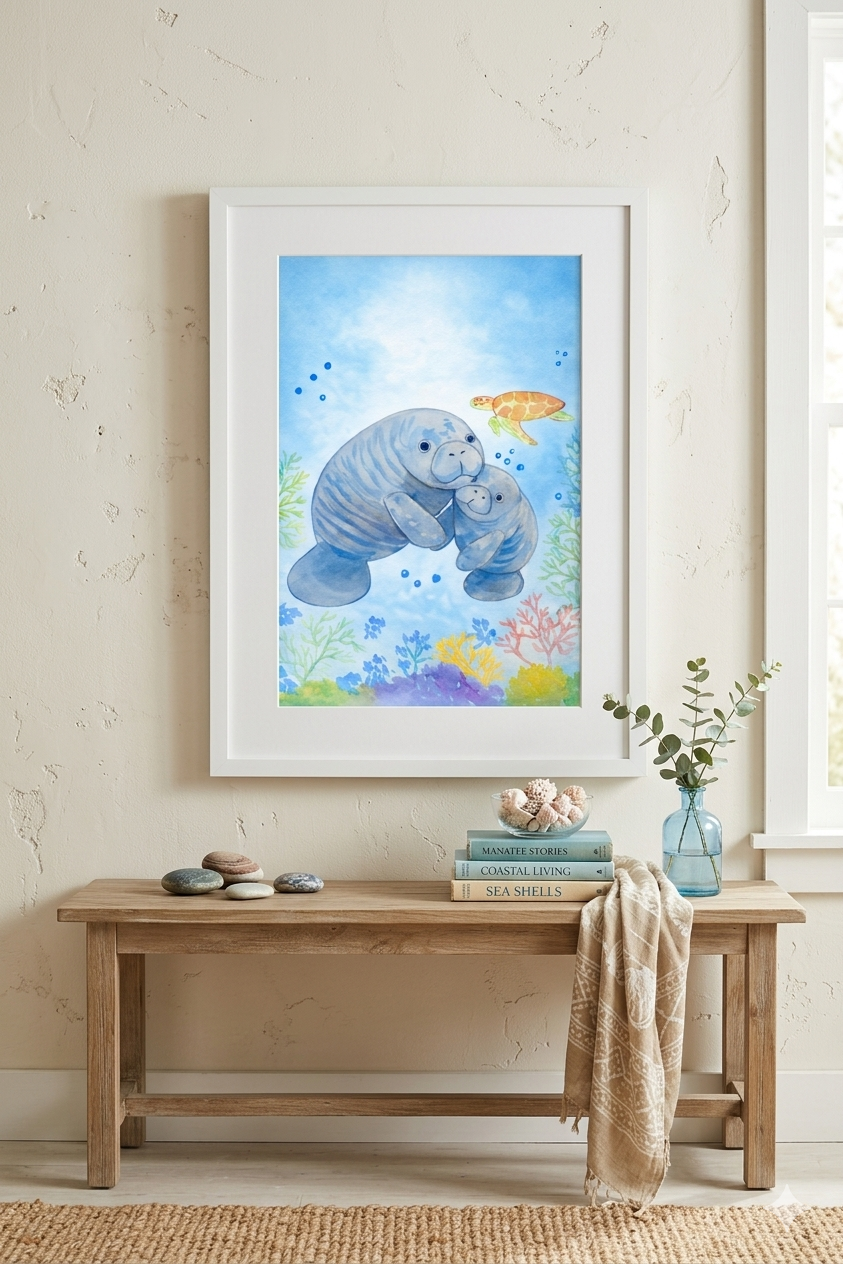 A Mother’s Love Manatee Family original watercolor painting 9x12 by Paula A. Chavers, mother and baby manatee wall art, modern marine illustration for nursery or coastal decor.