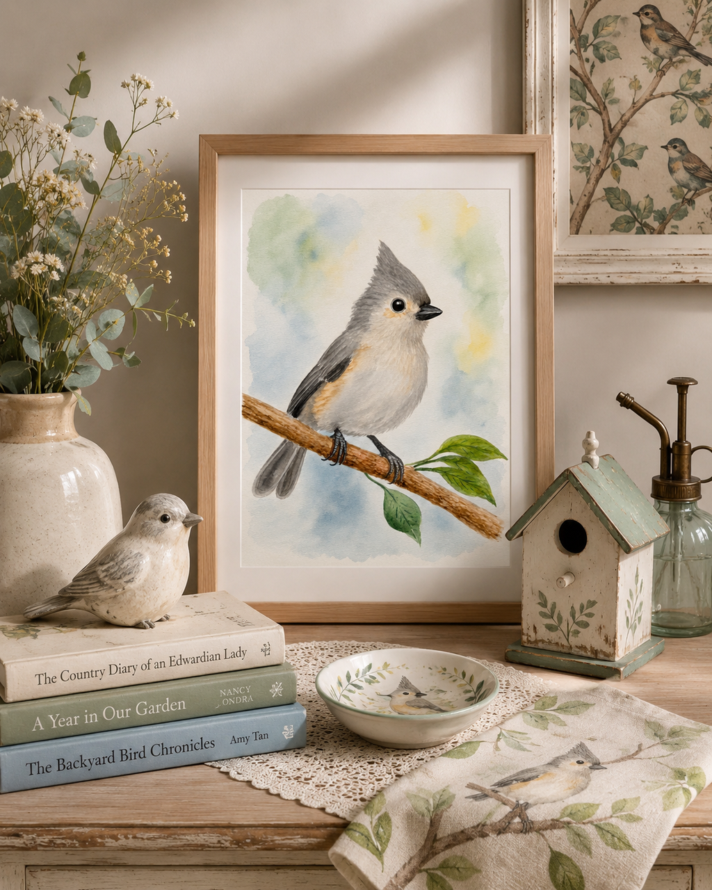 Original watercolor painting of a tufted titmouse perched on a tree branch with soft blue and green watercolor background, painted by Paula A. Chavers.