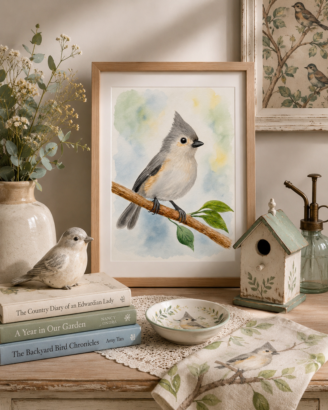 Original watercolor painting of a tufted titmouse perched on a tree branch with soft blue and green watercolor background, painted by Paula A. Chavers.