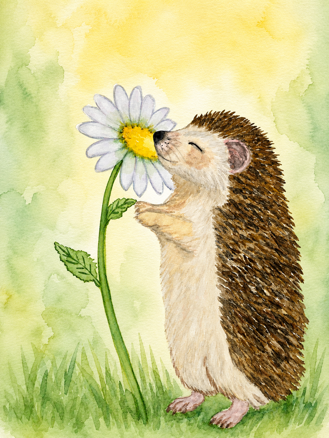 Daisy Wishes Hedgehog original watercolor painting 9x12 by Paula A. Chavers, cute woodland animal wall art with daisies, modern nursery illustration for bright home decor.